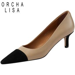 Dress Shoes ORCHALISA Lady Pumps Full Grain Leather Pointed Toe Thin Heels Slip-on Splice Size 33-40 Mix Colour Apricot Spring Elegant S2790