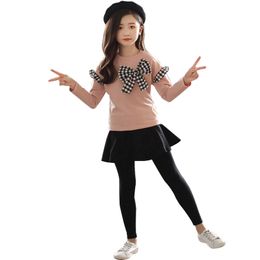 Girls Clothes Set Bow Shirt+Legging 2 Pcs Autumn Suit For Winter Kids Casual Teenage Clothing 4 6 8 12 Years 210528