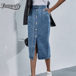 Benuynffy Single Breasted Knee Length Denim Skirt Women Streetwear Casual Pocket High Waist Straight Jeans Skirt New 210309