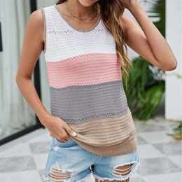 Summer Women Knitting T-Shirt V Neck Sleeveless Contrast Colour Patchwork Hollow Out Tee Shirt Casual Streetwear Ladies Tank Tops 210608