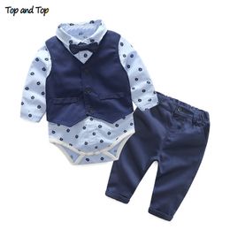 and Top Autumn Fashion infant clothing Suit Boys Clothes Gentleman Bow Tie Rompers Vest + pants Baby Set 210309