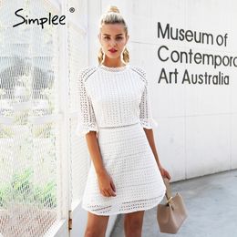 Simplee Elegant hollow out lace dress women Half sleeve summer style midi white dress Spring short casual dress vestidos 210309