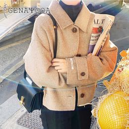 Genayooa Korean Style Coat Women Wool Woolen Long Sleeve Overcoat Turn Down Collar Ladies Jacket Khaki Autumn Winter 210924