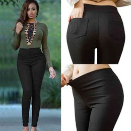 Plus Size Women Pencil Pants Cotton Trousers Pocket Slim Jeggings Denim Skinny 210925