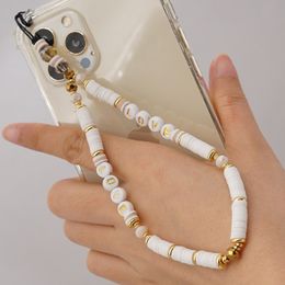 Collar de perlas universal bohemio para teléfono móvil cadena de perlas de arcilla acrílica antipérdida cadena de teléfono móvil correa para el cuello joyas para mujeres y mujeres