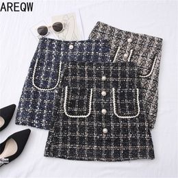 New Spring Autumn Women Clothes Tweed Skirts Slim Short Mini Skirt with Two Pockets 210310