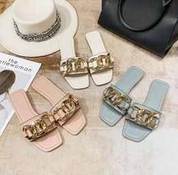 TX003 Summer Fashion Chain Decoration Women's Sandals Slippers White Blue Pink PU Leather + Metal for Outdoor Wearing Flat Bottom Flip Flops 2 pairs