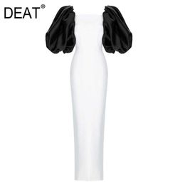 [DEAT] Women Dress Temperament One Word Collar Splicing Short Sleeve Loose Fit Fashion Spring Summer 13U359 210527