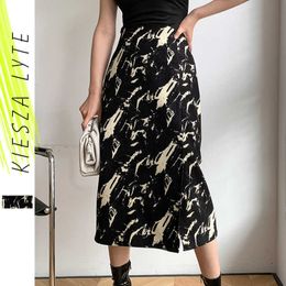 Vintage Women Skirts Elegant Chic Print Spring Summer French Lady Split A-line Skirt Office Wear 210608