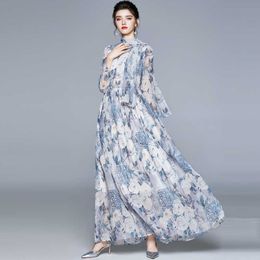 Fashion Runway Spring Long Sleeve Maxi Dress Women's Slim Waist Floral Print Elegant Party Holiday 210529