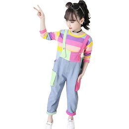 Children Clothes Rainbow Sweatshirt + Jumpsuit Costume For Girls Patchwork Sets Clothing Casual Children's Tracksuits 210527