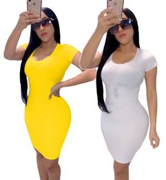 Summer Women Mini Dress Short Sleeve Short skirts Bodycon white skirts Summer Clothing XL yellow Dress skinny packaged hip skirt 4510