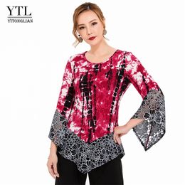 Women fashion autumn three quarter sleeve T-shirt lace hollow out decoration tied dyed jersey top office lady casual style H213 210306