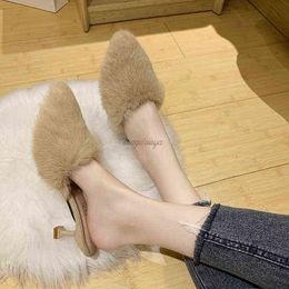 fur women slippers high heels closed pointed toe mules high heels slippers with fluffy fur slides for women Flip flop Y1206