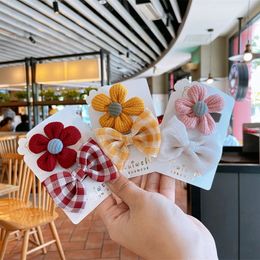 Korea Sweet Girl Cute Colourful Flower Hairpins Headdress Fashion Children's Lattice Fabric Bow Duckbill Clip Hair Accessories