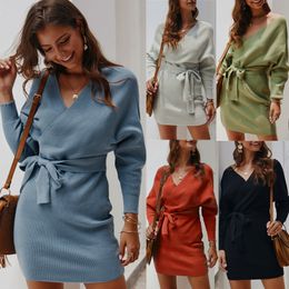 Arrival Women's Medium dress Length Free Belt Comfortable Warm Sweater Winter Pure & leopard print Slimmer V Neck Sexy Buttock 030403