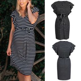 Women's Maternity Pregnancy Short Sleeve Ruffle Pregnant Striped Dress Summer Comfortable Ladies Bandage Belt Dress Vestidos Q0713