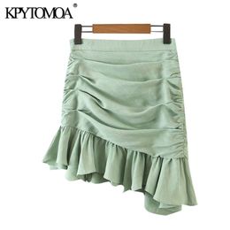 KPYTOMOA Women Chic Fashion With Draped Ruffled Asymmetrical Mini Skirt Vintage High Waist Back Zipper Female Skirts Mujer 210310