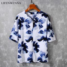 LIFENWENNA Summer Chinese Style T Shirt Mens Fashion Buckle V Neck Short Sleeve T Shirts Casual Flower Print Top Tees M-5XL 210528