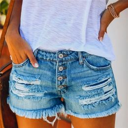 Cotton High Waist Hole Denim Shorts Women 2021 Summer Blue Straight Sexy Ripped Tassel Slim Streetwear Button Fly Jeans Shorts 210306