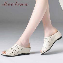 Meotina Women Shoes Summer Slippers Natural Genuine Leather Wedge Heel Shoes Cow Leather Peep Toe Slides Ladies Sandals Size 41 210608