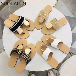 SUOJIALUN Women Summer Beach Slipper Fashion Metal Flat Heels Slippers Ladies Summer Women Sandal Slip On Causal Flip Flop Y200423