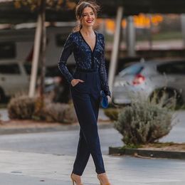Navy Blue Jumpsuit Bridesmaid Dresses with Pockets V Neck Long Sleeve Outfit Maid of Honour Wears Sequin Top Satin Pants for Formal Gown