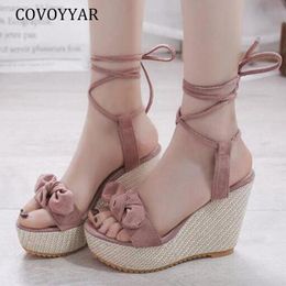 COVOYYAR 2021 Rome Platform Sandals Ankle Strap Open Toe High Heels Pumps Summer Fashion Wedges Bow Shoes Woman Lace Up WSS443