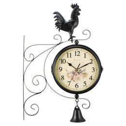 Retro Double Sided Round Wall Mount Station Clock With Iron Rooster Garden Vintage Home Decor Metal Frame Glass Dial Cover Clock H1230