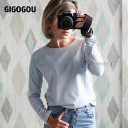 GIGOGOU Long Sleeve Women Basic T Shirt Autumn Spring 95% Cotton Tshirt S- Solid Top Tee Shirts Soft T-shirt Harajuku 210317