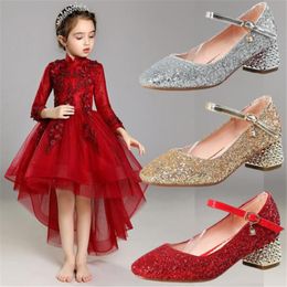 performance shoes NZ - Flat Shoes Children High-heeled Princess Girl Catwalk Show Crystal Thick Heel Pointed Toe Performance Shoe