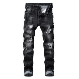 Mens Streetwear Ripped Jeans hole stretch Printed Men's Denim Jeans Pants Long Classic Slim Fit Trousers For Male Clothes X0621
