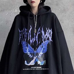 Street ladies pullover butterfly print hoodie oversized Harajuku style hooded plus size winter couple sweatshirt ladies streetwe 210927