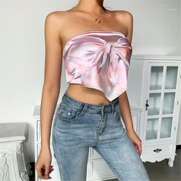 Women's T-Shirt 2021 Women Spice Girl Sexy Tube Top Shirt Satin Slim Halter Strapless Streetwear Elastic Boob Summer Clothes With Bow Pink L