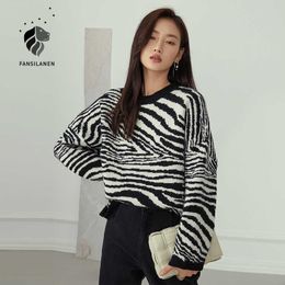 FANSILANEN Zebra print striped oversized knitted sewater Women autumn winter casual pullover Female vintage long sleeve jumper 210607