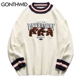 GONTHWID Bear Patchwork Striped Knitted Jumpers Sweaters Streetwear Hip Hop Harajuku Casual Pullover knitwear Mens Fashion Tops 210918