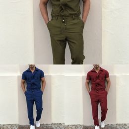 2020 Men's Zipper Jumpsuit Streetwear Summer Male Short Sleeve Solid Colour Cargo Pants Set Jumpsuits Overalls Rompers X0610