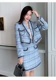 Spring New Design Fashion Women's Turn Down Collar Blue Plaid Tweed Short Jacket and A-line Skirt Twinset Dress Suit SMLXL