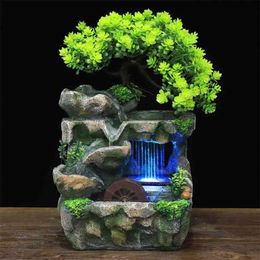 Indoor Desktop Feng Shui Rockery Fountain Decor Living Room Flowing Water Waterfall Ornament with 7-Color LED Light Change 210727