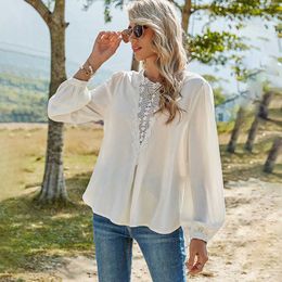 Spring Women White Blouses O Neck Floral Lace Patchwork Long Sleeve Sexy Hollow Out Tunic Shirt Casual Loose Solid Office Blusas 210526