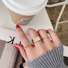 2021 Korean New Square Round Chain Rings 3pcs/ Set Personality Metal Temperament Couple Ring Gift Fashion Jewelry Party X0715
