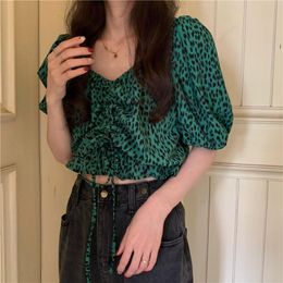 Women's Blouses & Shirts HziriP Vintage Green Leopard Print Drawstring Puff Sleeve V-Neck Ladies Shirt 2021 Fashion All-Match Casual Short S