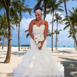 White 2022 Gorgeous Ruffle Organza Mermaid Wedding Dress Africa Country Plus Size Bridal Gown Train Sweetheart Pleats Bride Dresses Custom Made