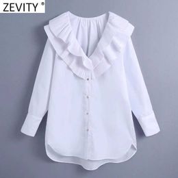 Zevity Women Fashion V Neck Press Pleated Ruffles Casual Loose White Smock Blouse Office Lady Shirt Chic Blusas Tops LS7641 210603