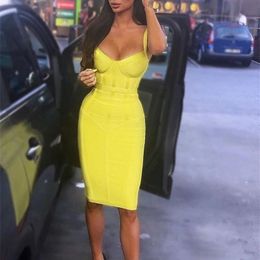 Sexy Sleeveless V Neck Green Yellow Women Bodycon Bandage Dress 2021 Designer Fashion Evening Party Dress Vestido 210316