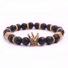 SHIDU Micro Pave Black CZ Zirconia Gold King Crown Charm Bracelet Men Dull Polish Matte Stone Bead Bracelets For Men Women Gift