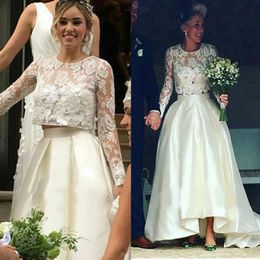 2021 Boho Beach Wedding Dresses Two Piece Satin Jewel Neck Long Sleeves Lace Applique Sweep Train Custom Made Wedding Gown vestido de novia