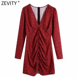 Zevity Women Sexy Deep V Neck Leopard Print Pleated Red Mini Dress Female Puff Sleeve Back Zipper Casual Slim Vestido DS4631 210603