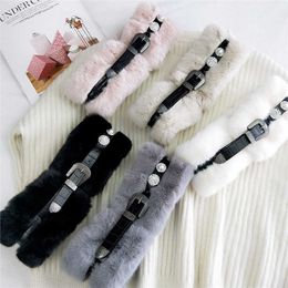 Winter Warm Fur Scarf Thick Plush Scarf Neck Leather Belt Buckle Neck Collar Scarves Rabbit Loop Scarf Soft White Pearl Crystal H0923