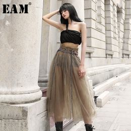 [EAM] High Waist Khaki Mesh Bandage Temperament Perspective Half-body Skirt Women Fashion Tide New Spring Autumn 2021 1Y418 210309